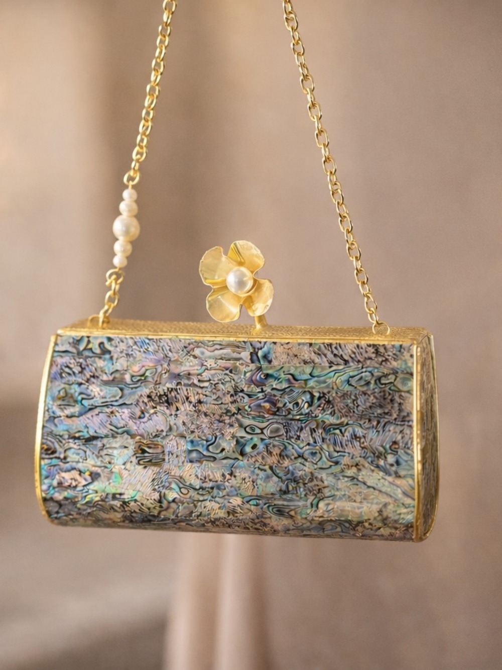 Gold-Trim Abalone Shell Evening Clutch with Floral Pearl Accent - Picture 5 of 7